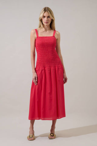 Railey Smocked Drop Waist Midi Dress- Red