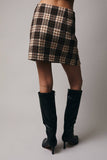 Woolen Plaid Slit Mini Skirt - Taupe/ Brown