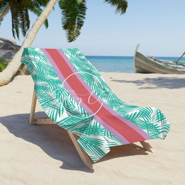 Beach Towel- Aqua Palm w Pink Stripe RTS