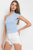 Solid One Shoulder Pleated Top- Sky Blue
