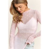 Mesh Heart Flocking High Neck Long sleeved Shirt