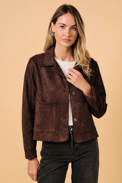Cropped Button Down Faux Suede Jacket