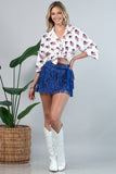 American Flag  Print Collar Button Down Shirt- White