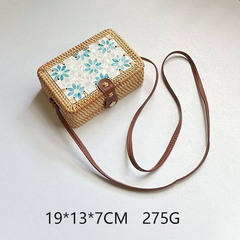 Rattan and Shell Inlay Rectangle Crossbody Bag