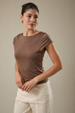 Boat Neck Short Sleeve Back Cowl Neck Knit Top- White