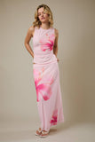 Round Neck Sleeveless Flower Print Mesh Top - Pink