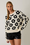 Round Neck Floral Pattern Sweater - Cream/Black