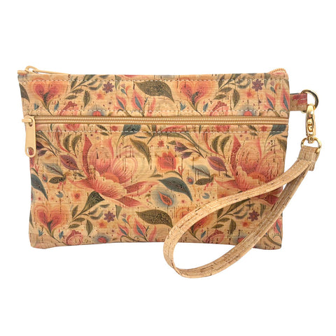 Cork Wristlet with Front Zipper Pock | Hearts in Bloom Print
