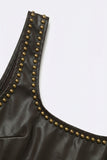 Q2 Brown Faux Leather Bodysuit with Stud Detail