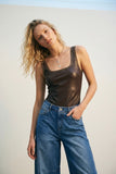 Q2 Brown Faux Leather Bodysuit with Stud Detail