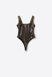 Q2 Brown Faux Leather Bodysuit with Stud Detail