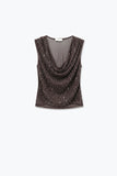 Brown Sequin Cowl Neck Sleeveless Top with mesh back