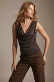 Brown Sequin Cowl Neck Sleeveless Top with mesh back