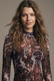 Burgundy Animal Print Sheer Mesh High Neck Long Sleeve Bodysuit