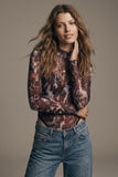 Burgundy Animal Print Sheer Mesh High Neck Long Sleeve Bodysuit