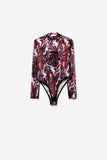 Burgundy Animal Print Sheer Mesh High Neck Long Sleeve Bodysuit