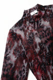 Burgundy Animal Print Sheer Mesh High Neck Long Sleeve Bodysuit