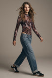 Burgundy Animal Print Sheer Mesh High Neck Long Sleeve Bodysuit