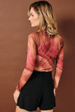 Tie Dye Print Sheer Mesh Mock Neck Top
