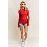 Mesh Heart Flocking High Neck Long sleeved Shirt