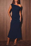 Marli Asymmetrical Shoulder Midi Dress