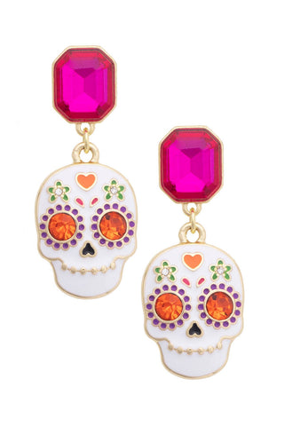 Sugar Skull Enamel Drop Earrings in Fuchsia & White