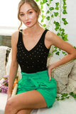 FINAL SALE:  V-Neck Sleeveless Rhinestone Detail Rib Tank Top