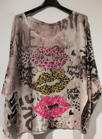 Animal Print Lips Italian Knit Printed Sweater