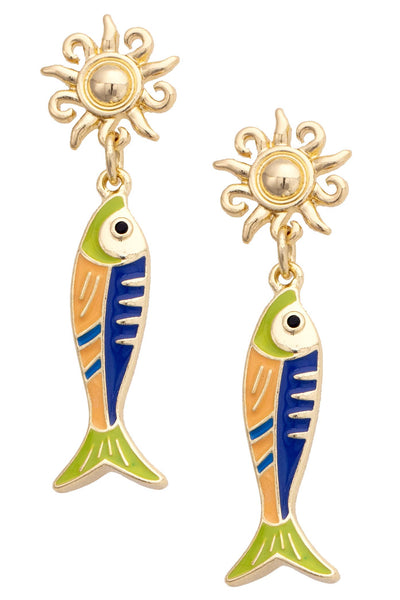 Sardine Sun Drop Earrings in Shiny Gold