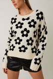Round Neck Floral Pattern Sweater - Cream/Black