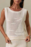 Sail Away Boat Neck Sleeveless Crochet Effect Top- Cream