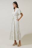 Kamara Striped Alna Button Up Midi Dress- Marshmallow