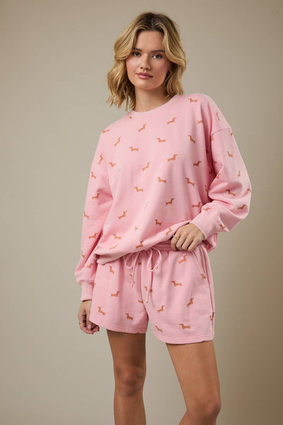 Round Neck Dog Print Sweatshirt - Pink