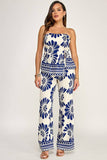 The Pamela Printed Peplum Waist Tie Detail Top + Pants Set