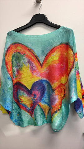 Italian OS Turquoise Hearts Printed Knit Sweater