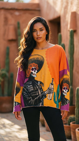 Multicolor Cozy Skeleton Mariachi Printed Sweater
