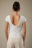 Boat Neck Short Sleeve Back Cowl Neck Knit Top- White