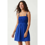 Cord Detail Smocking Mini Dress-Capri Blue