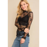 Mesh Lace Design High Neck Long Sleeved Fitted Top