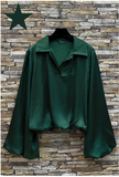 Italian Satin Blouse w/ Flowy Sleeves and Gathered Hem