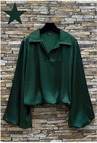 Italian Satin Blouse w/ Flowy Sleeves and Gathered Hem