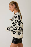 Round Neck Floral Pattern Sweater - Cream/Black
