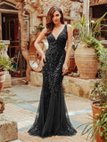 Classic Fishtail Sequin Mesh Evening Dress: Dark Purple / 4