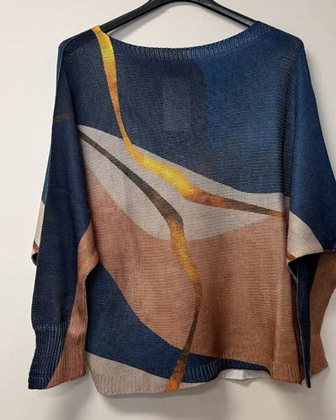 Italian Abstract Wave Printed Sweater - Navy