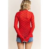 Mesh Heart Flocking High Neck Long sleeved Shirt