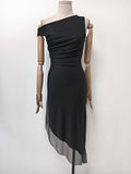 Italian Long Fitted Asymmetrical Neck Mesh Dress