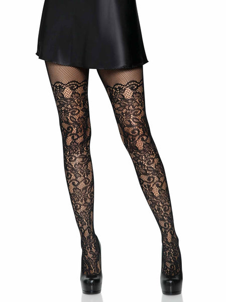 Drew Floral Vine Fishnet Tights: Black / One Size
