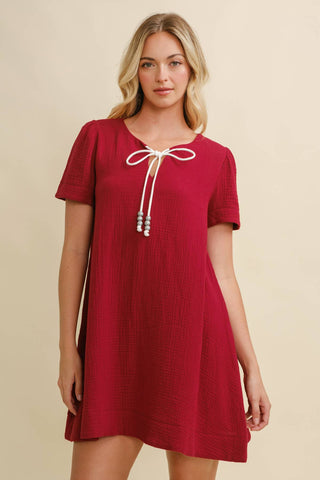 Cotton Gauze Ribbon Tie Mini Dress