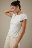 Boat Neck Short Sleeve Back Cowl Neck Knit Top- White