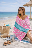 Beach Towel - Pink Bamboo w Aqua Stripe